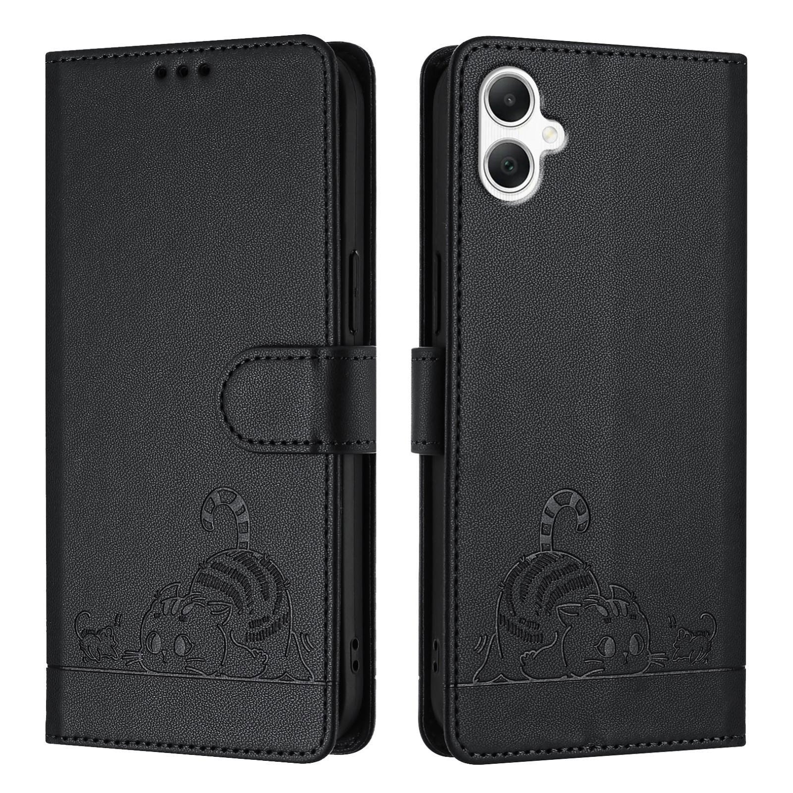 Samsung Galaxy A06 4G Cat and Mouse Embossed PU Leather RFID Case with Wallet Slots, Anti-Fall Protection, Kickstand, and Lanyard-buycases.co.uk