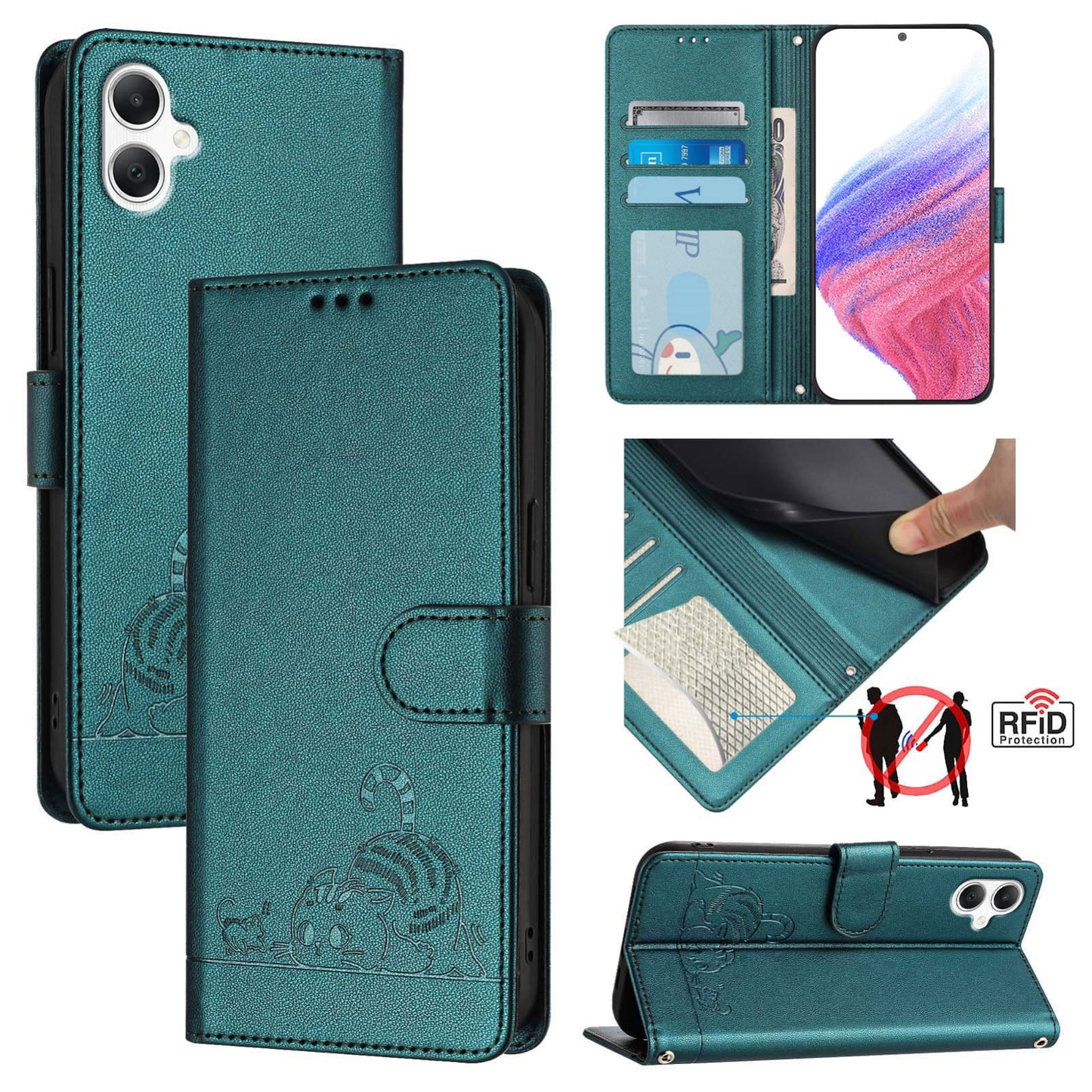 Samsung Galaxy A06 4G Cat and Mouse Embossed PU Leather RFID Case with Wallet Slots, Anti-Fall Protection, Kickstand, and Lanyard-buycases.co.uk