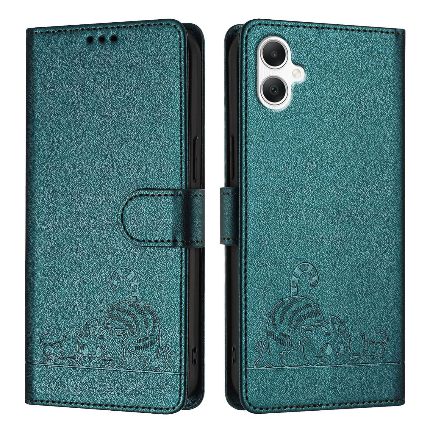 Samsung Galaxy A06 4G Cat and Mouse Embossed PU Leather RFID Case with Wallet Slots, Anti-Fall Protection, Kickstand, and Lanyard-buycases.co.uk