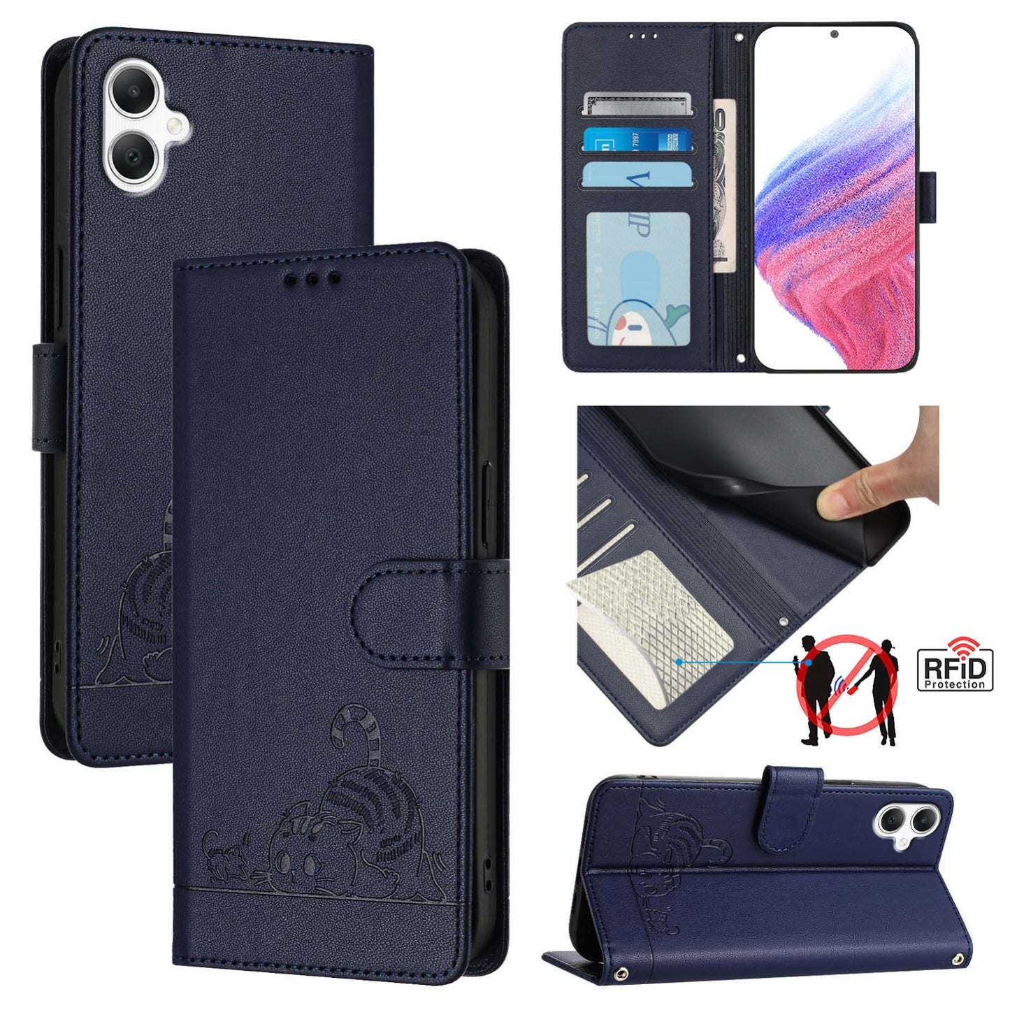 Samsung Galaxy A06 4G Cat and Mouse Embossed PU Leather RFID Case with Wallet Slots, Anti-Fall Protection, Kickstand, and Lanyard-buycases.co.uk
