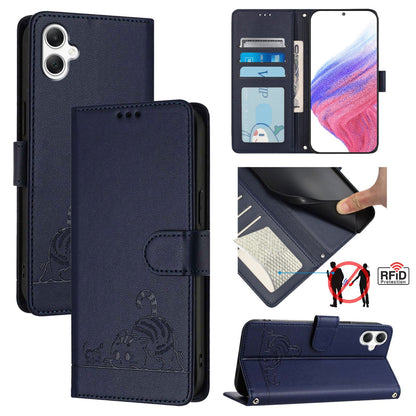 Samsung Galaxy A06 4G Cat and Mouse Embossed PU Leather RFID Case with Wallet Slots, Anti-Fall Protection, Kickstand, and Lanyard-buycases.co.uk
