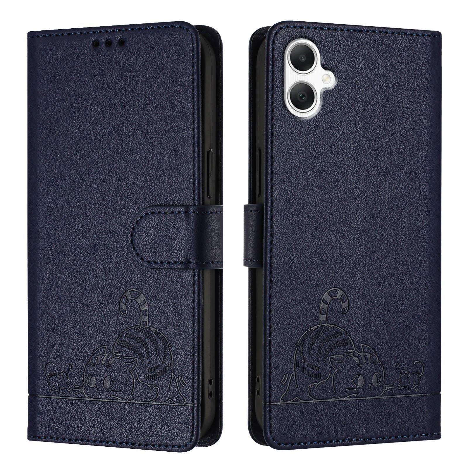 Samsung Galaxy A06 4G Cat and Mouse Embossed PU Leather RFID Case with Wallet Slots, Anti-Fall Protection, Kickstand, and Lanyard-buycases.co.uk