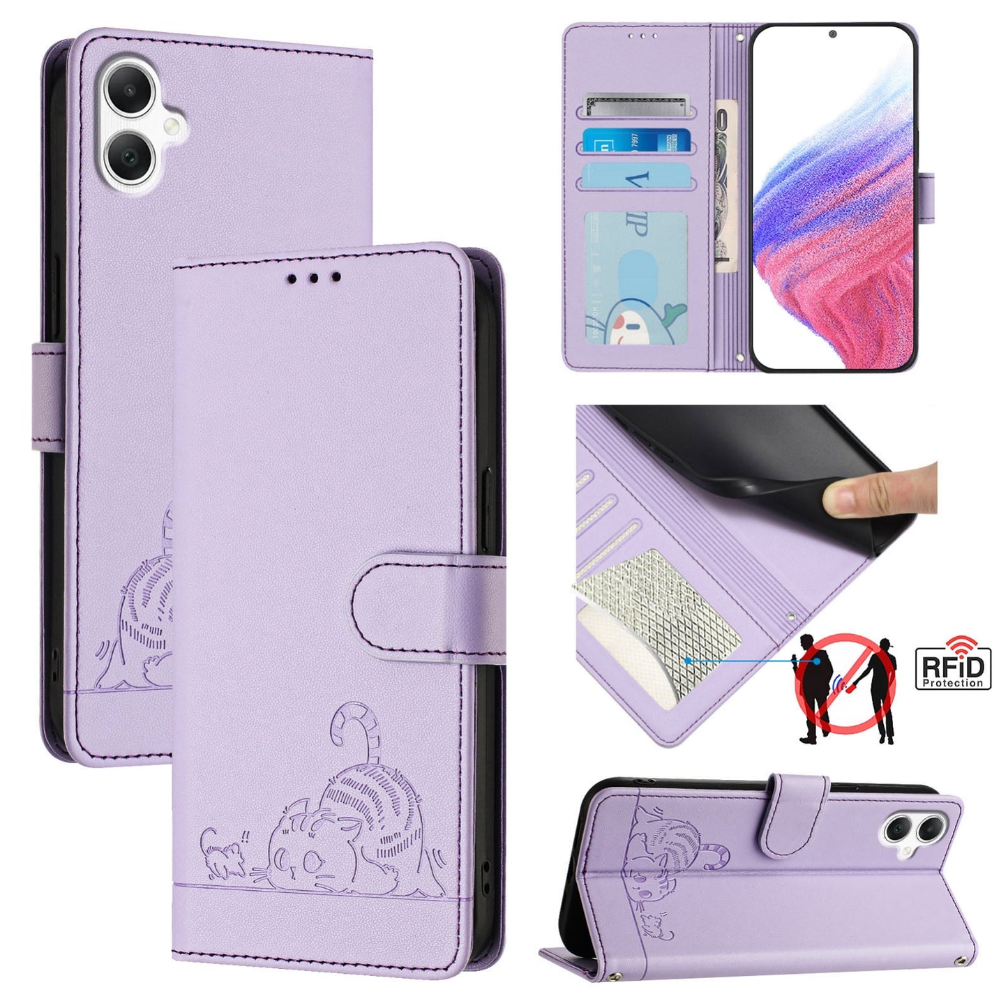 Samsung Galaxy A06 4G Cat and Mouse Embossed PU Leather RFID Case with Wallet Slots, Anti-Fall Protection, Kickstand, and Lanyard-buycases.co.uk