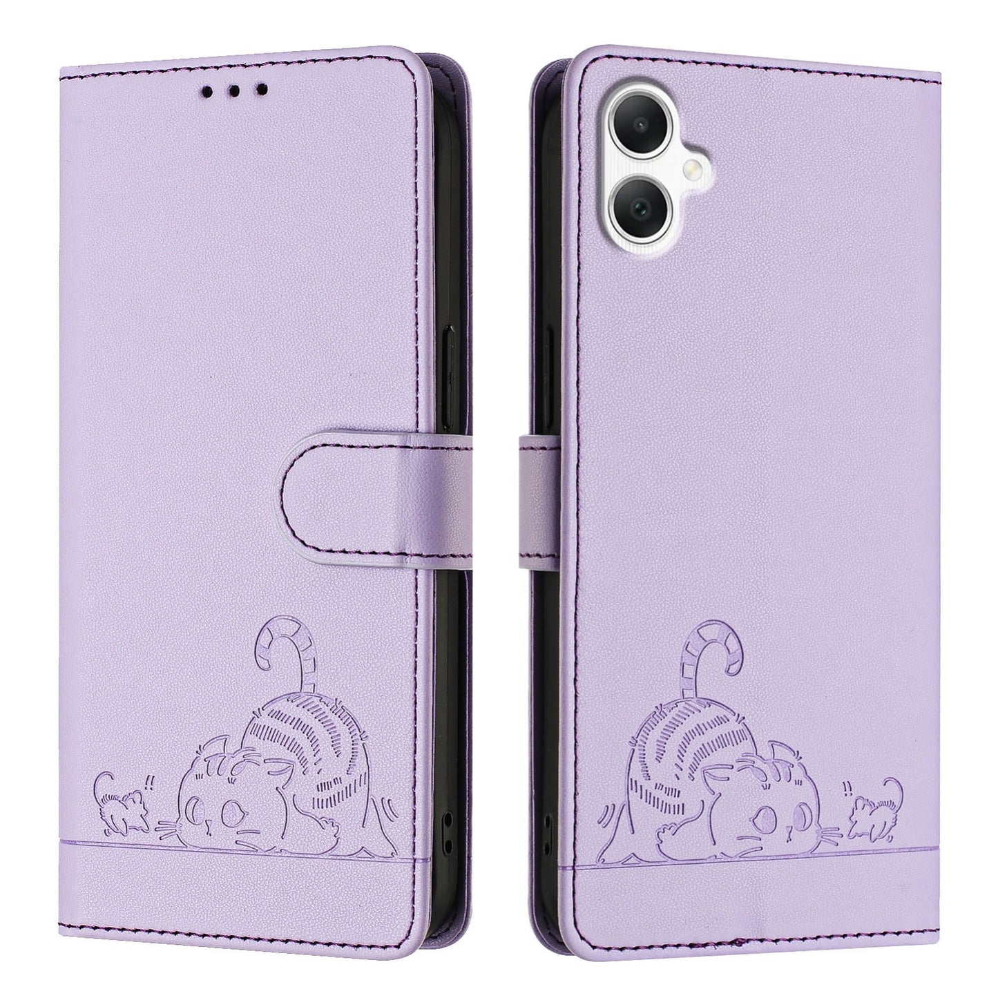 Samsung Galaxy A06 4G Cat and Mouse Embossed PU Leather RFID Case with Wallet Slots, Anti-Fall Protection, Kickstand, and Lanyard-buycases.co.uk