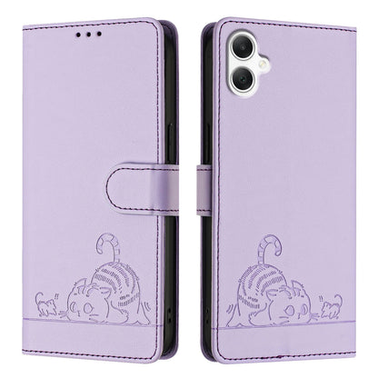 Samsung Galaxy A06 4G Cat and Mouse Embossed PU Leather RFID Case with Wallet Slots, Anti-Fall Protection, Kickstand, and Lanyard-buycases.co.uk