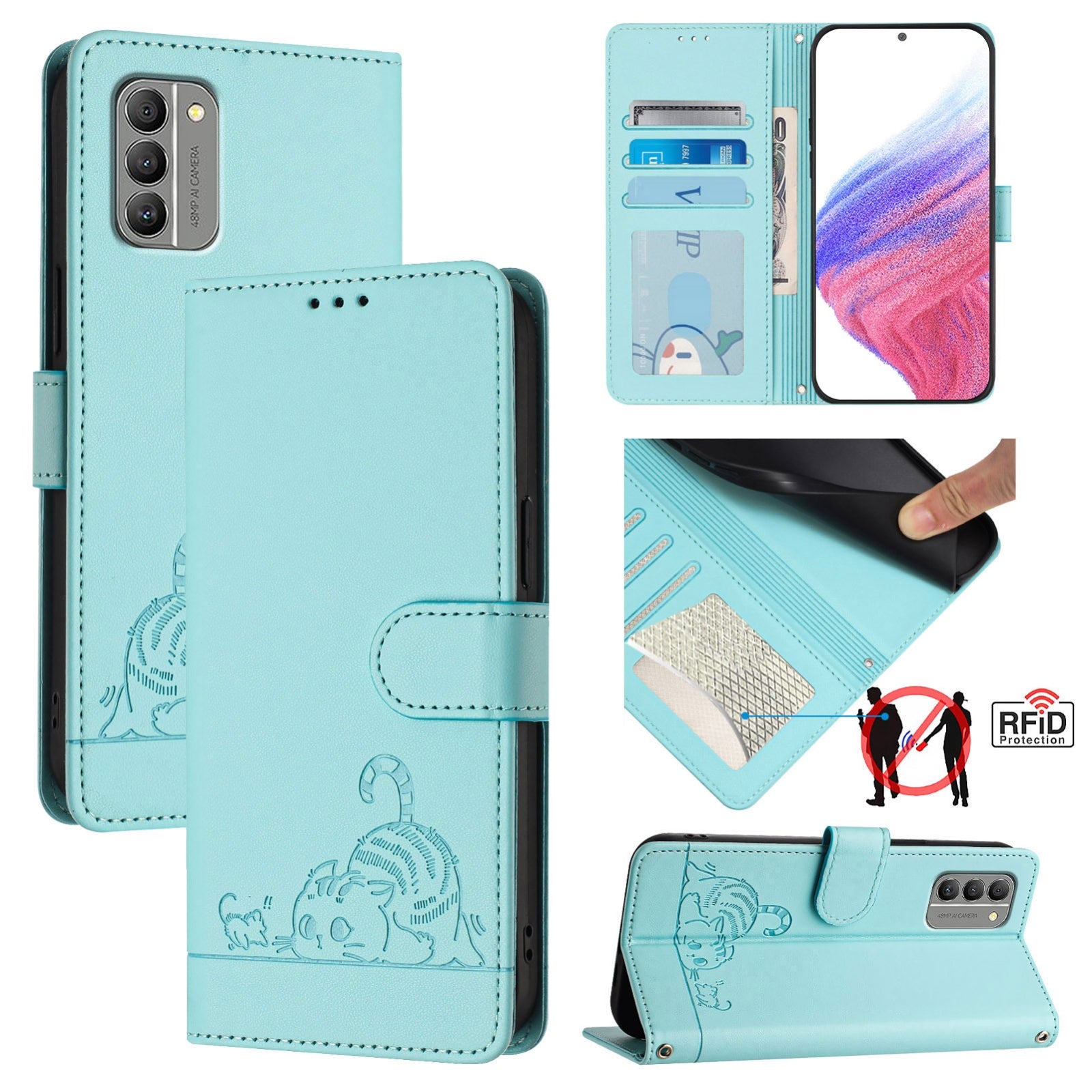 Nokia G400 Cat and Mouse Embossed PU Leather RFID Case with Wallet Slots, Anti-Fall Protection, Kickstand, and Lanyard-buycases.co.uk